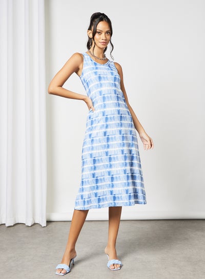 Buy Casual Sleeveless Tie Dye Long Evening Maxi Knit Dress N3 Lite Blue/White in UAE