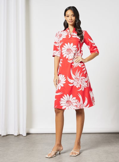 Buy Half Sleeve Mandarin Collar Printed Dress Red/White in Saudi Arabia