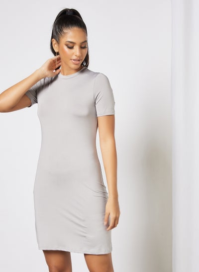 Buy Casual Short Sleeve Mini Tee Knit Dress With Round Neck 62 Lite Grey in UAE