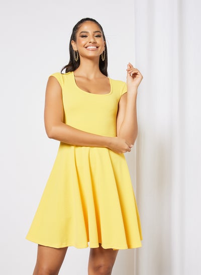 Buy Casual Square Neck Cap Sleeve Midi Solid Knit Dress Yellow in UAE