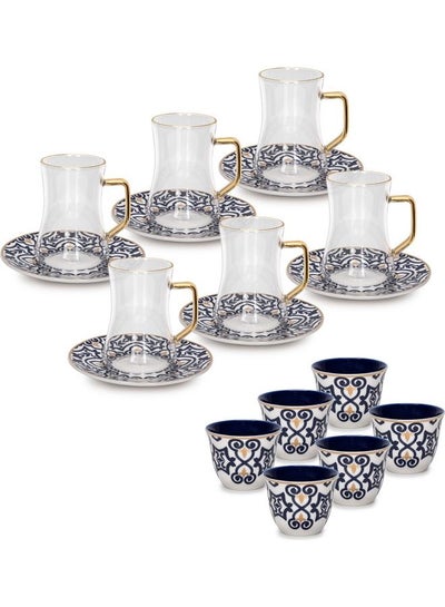 Buy 18-Piece Porcelain Tea And Coffee Set White/Dark Blue/Gold 180ml in Saudi Arabia