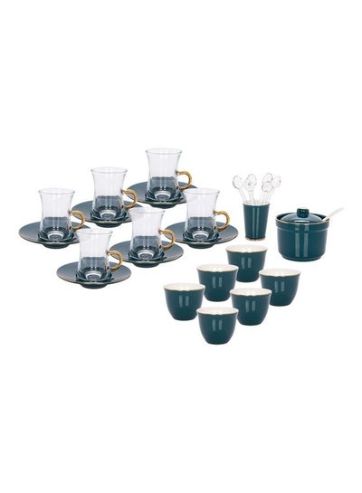 Buy 28 Piece Porcelain Tea And Coffee Set Dark Green/Glear/Gold 100ml in Saudi Arabia