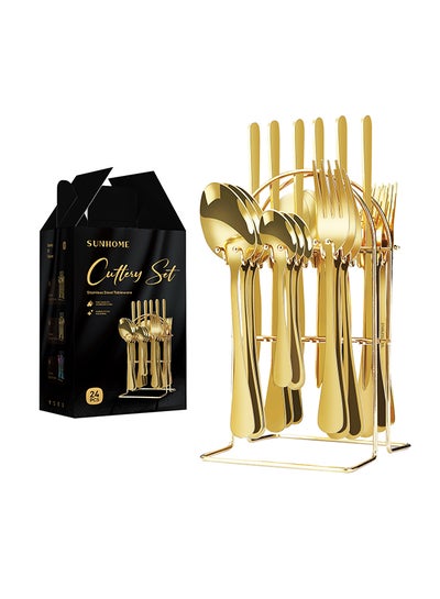 Buy 24-Piece Cutlery Set With Stand Gold 9.05x5.11x4.96cm in Saudi Arabia