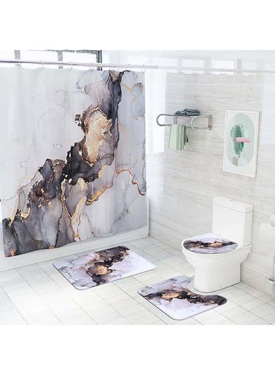 Buy 4-Piece Marble Toilet Cover Floor Non-Slip Mat And Shower Curtain Set Multicolour 180x180cm in UAE