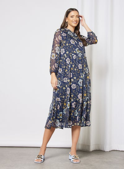 Buy Floral Print Midi Dress Navy in Saudi Arabia