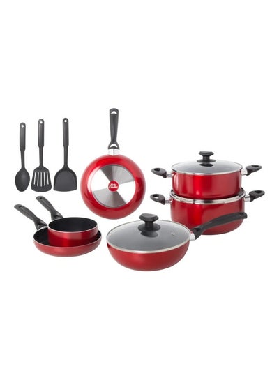 Buy 12-Piece Nonstick Aluminum Cookware Set With Bakelite Handles Red/Black/Clear 26x12cm in UAE