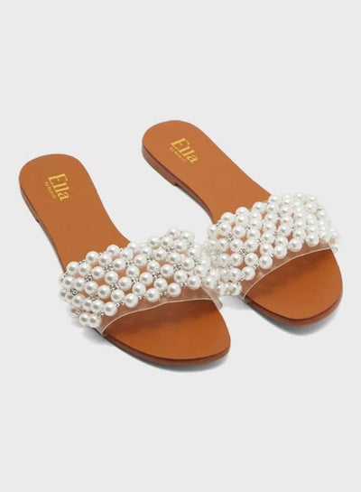 Buy Pearl Embellished Flat Sandals White/Brown in UAE