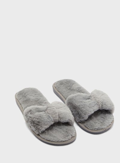 Buy Plush Bow Detail Bedroom Slippers Grey in UAE
