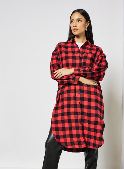 Buy Checkered Long Button Down Shirt Red in Saudi Arabia