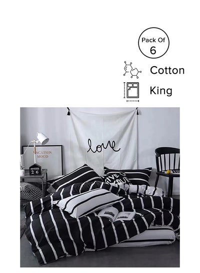 Buy 6-Piece Premium Quality Long Lasting Super Soft Light Weight King Size Bedding Set Cotton Black/White in Saudi Arabia