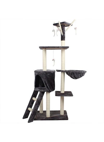 Buy Multi-Layer Cat Tree House With Hanging Kitten Toy Black/White 50x35x138cm in UAE