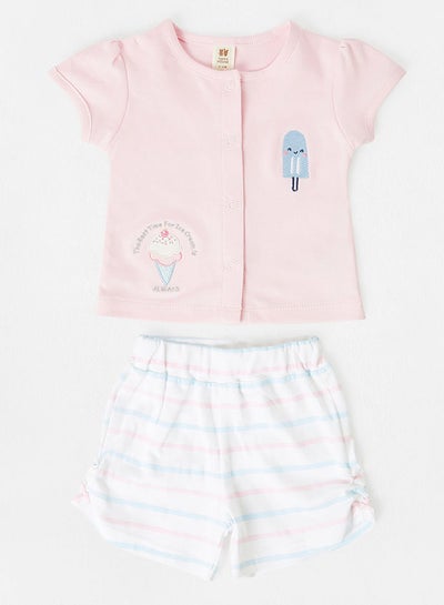 Buy 2-Piece Button Detail T-Shirt And Striped Shorts Set Pink/White/Blue in UAE