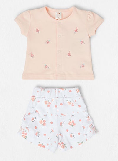 Buy 2-Piece Floral Printed Top And Shorts Set White/Peach in UAE