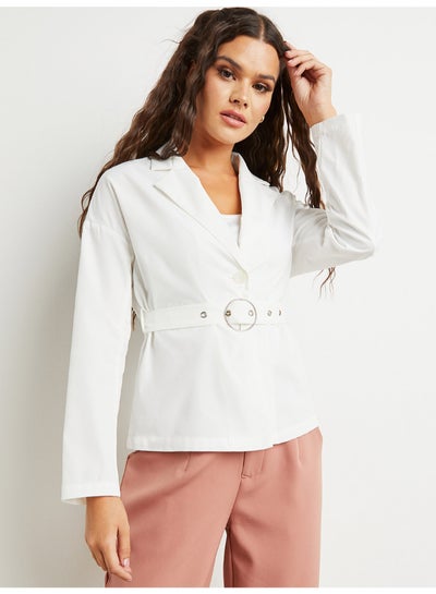 Buy Belted Button Detail Blazer White in Saudi Arabia