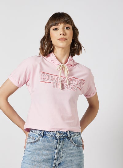 Buy Slogan Printed Drawstring Neck Hoodie Pink in Saudi Arabia