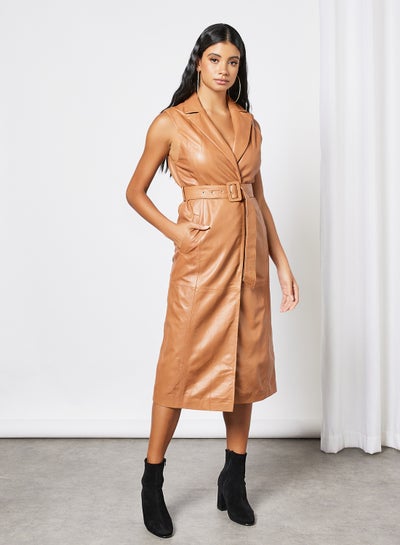 Buy Leather Collared Belted Dress Beige in UAE