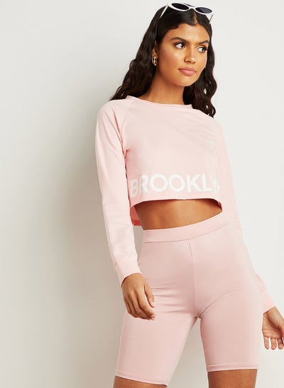 Buy Brooklyn Slogan Print Cropped Sweatshirt Pink in Saudi Arabia