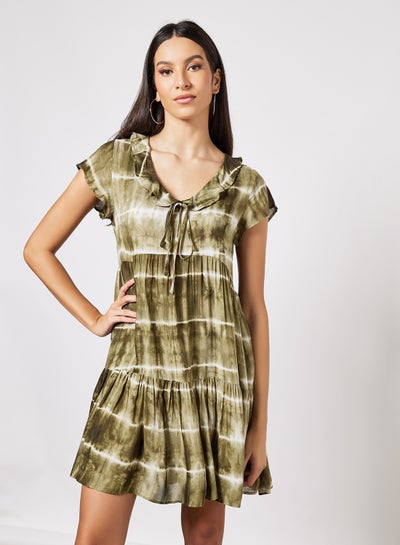 Buy Ruffled Neckline Mini Dress Green in UAE