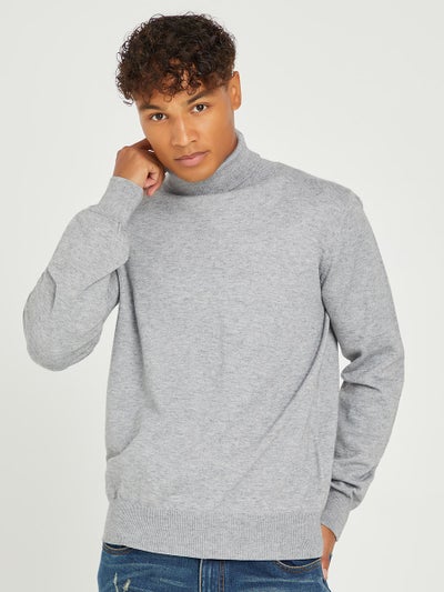 Buy Solid Turtle Neck Basic Sweater Grey in Saudi Arabia