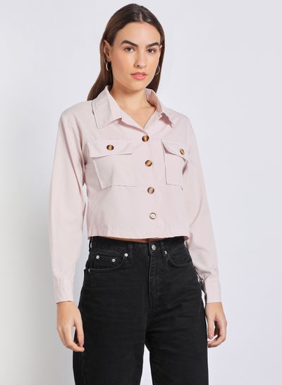 اشتري Collared Neck Pocket Detailed Jacket وردي فاتح في السعودية