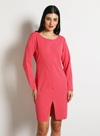 Buy Women'S Casual Knee Length Long Sleeve Plain Basic Dress Pink in UAE
