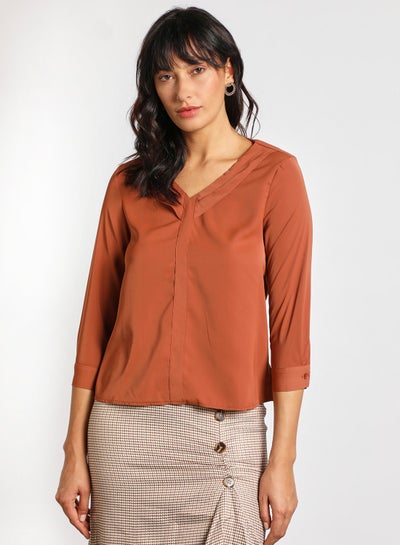 Buy Women's Casual Long Sleeve V Neck Solid Top Brown in Saudi Arabia