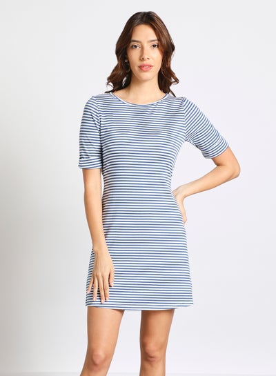 Buy Women's Casual Horizontal Stripes Half Sleeve Knee Length Knit Dress With Waist Tie Blue Stripe/White in UAE