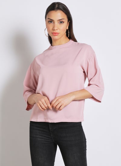 Buy Women's Casual Half Sleeve Round Neck Tops With Back Zipper Pink in UAE