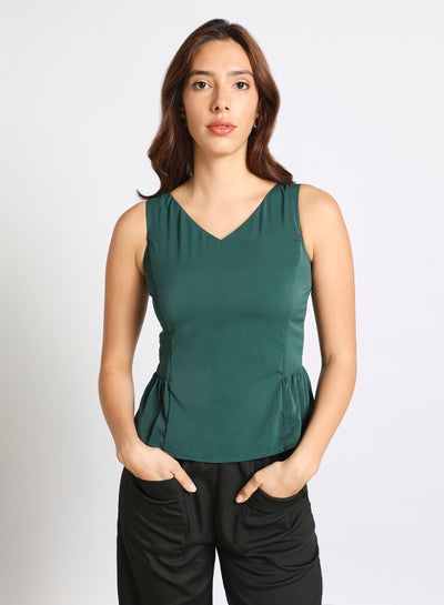 Buy Women's Casual V-Neck Tank Top With Ruffle Hem Dark Green in Saudi Arabia