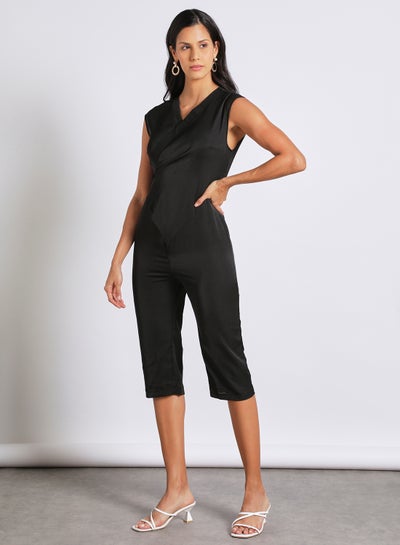 Buy Women's Sleeveless Tie Detail Tailored Wrap Jumpsuit With Waist Tie Black in Saudi Arabia