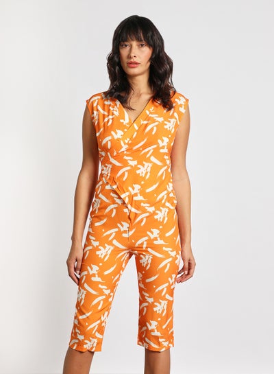 Buy Women's Sleeveless Tie Detail Tailored Wrap Jumpsuit With Waist Tie Orange/White in UAE