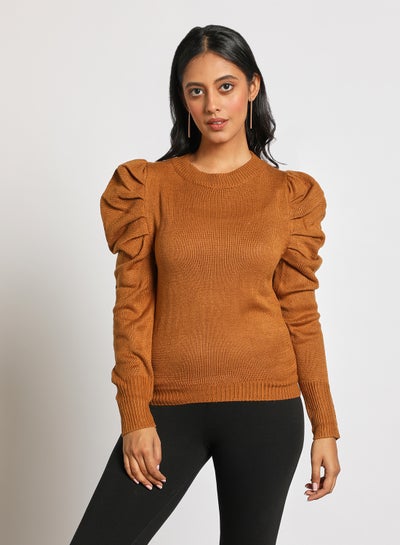 Buy Crew neck puff sleeve solid sweater Brown in Saudi Arabia