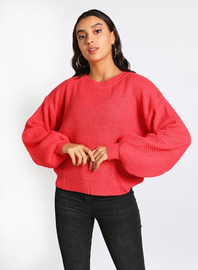 Buy Solid drop shoulder dolman sleeve sweater Coral in Saudi Arabia