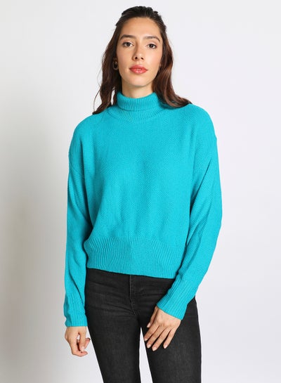 Buy Turtle neck ribbed knit drop shoulder sweater Pacific Blue in Saudi Arabia