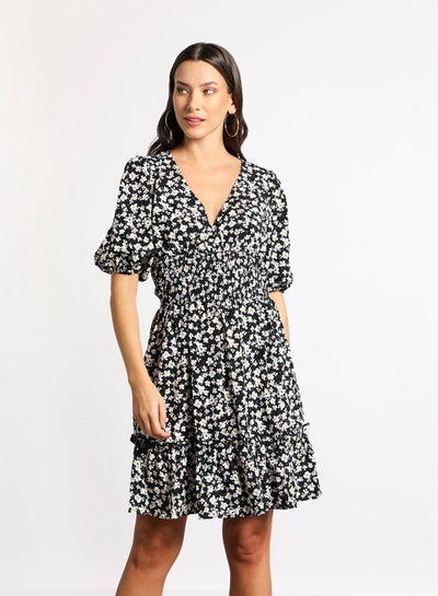 Buy Women's Casual V-Neck Floral Print Half Sleeve Midi Dress Black/White in Saudi Arabia