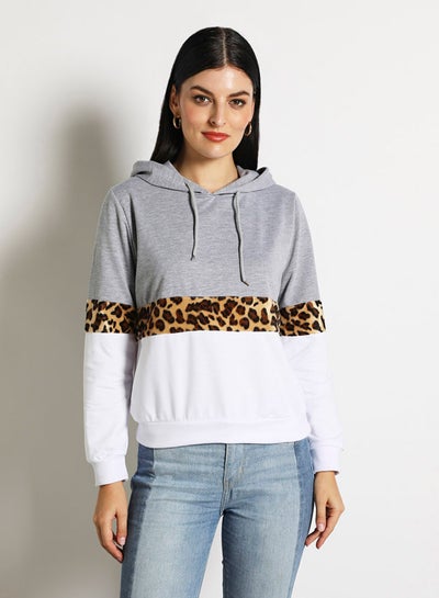 Buy Contrast Color Stylish Hoodie Grey/White in UAE