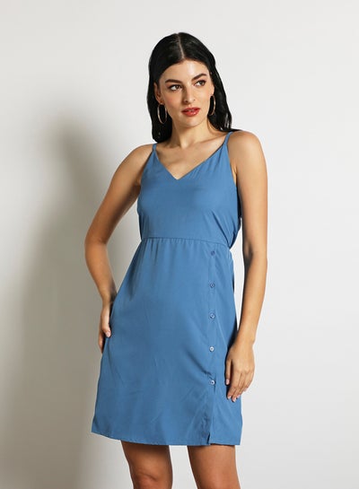 Buy Women'S Casual Midi Sleeveless Plain Basic Dress Blue in Saudi Arabia