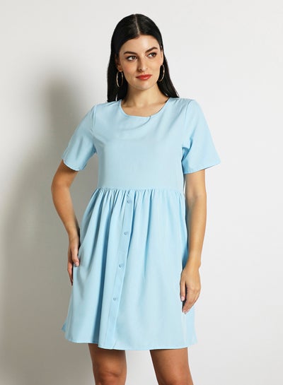 Buy Women'S Casual Midi Short Sleeve Plain Basic Dress Blue in Saudi Arabia