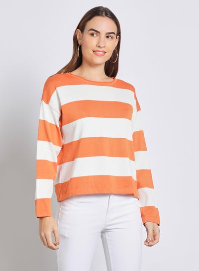 Buy Women Color Block Cross Stripe Sweater Orange/White in UAE