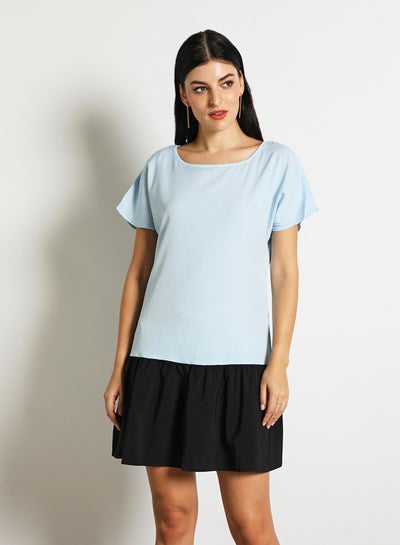 Buy Women'S Casual Knee Length Short Sleeve Contrast Dress Blue/Black in UAE