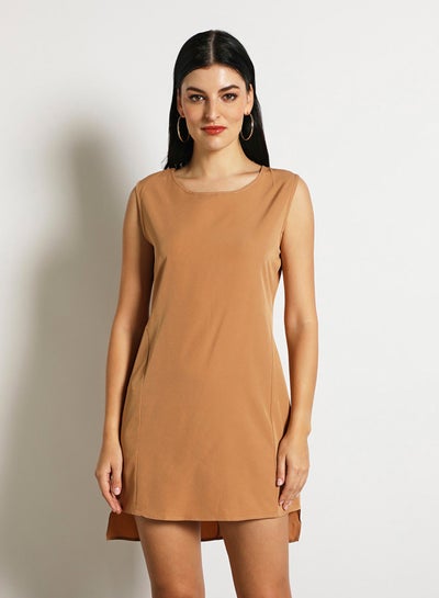 Buy Women'S Casual Midi Sleeveless Plain Basic Dress Brown in UAE