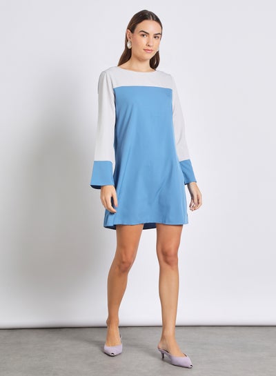 Buy Women'S Casual Mini Long Sleeve Contrast Dress Blue/White in Saudi Arabia