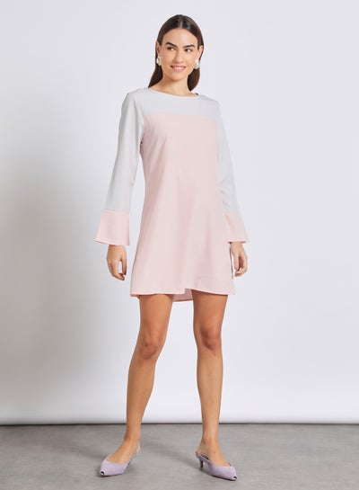 Buy Women'S Casual Mini Long Sleeve Contrast Dress Pink/Grey in Saudi Arabia