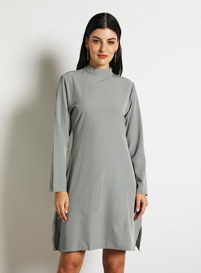 Buy Women'S Casual Midi Long Sleeve  Solid Dress Grey in Saudi Arabia