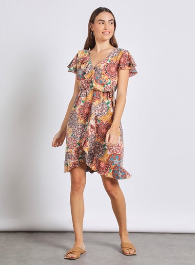 Buy Women'S Casual Knee Length Short Sleeve Floral/Solid Dress Multicolour in Saudi Arabia