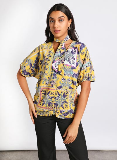 Buy Women's Casual V-Neck Short Sleeve Tie Front Printed Tops Multicolour in UAE