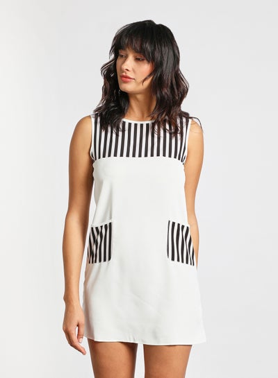 Buy Women's Casual Polyester Sleeveless Mini Dress With Boat Neck With Patch Pocket Black/White in Saudi Arabia