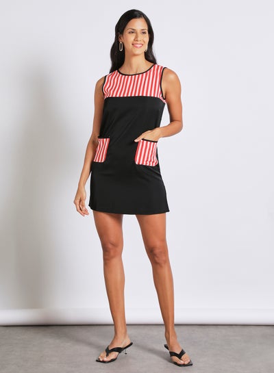 Buy Women's Casual Polyester Sleeveless Mini Dress With Boat Neck With Patch Pocket Red/Black in Saudi Arabia