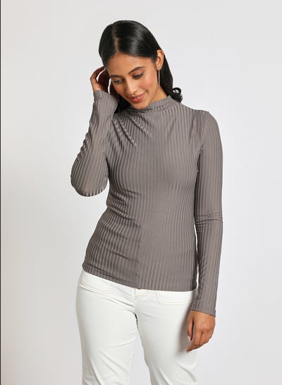 Buy Women's High Neck Long Sleeve Knitted Top Dark Grey in UAE