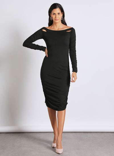 Buy Party Wrap Long Sleeve Cold Shoulder Knee Length Dress 3 Black in Saudi Arabia